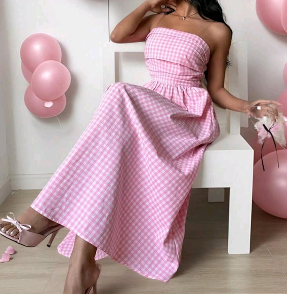 Women Valentine's Day Pink Plaid Print Slant Pocket Tube Longline Dress - Picture 2 of 4